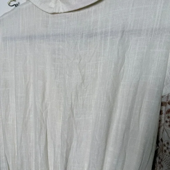 SOLITAIRE White Linen Blend Button Front Dress Embroidered Puff Sleeve Belted - Picture 9 of 9